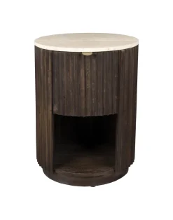 Dutchbone Bijzettafel/Nachtkastje Marlow Mangohout en Travertin* Ronde Bijzettafel