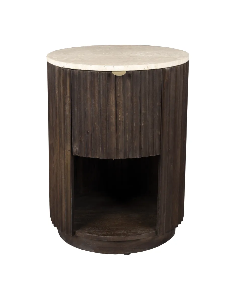 Dutchbone Bijzettafel/Nachtkastje Marlow Mangohout en Travertin* Ronde Bijzettafel