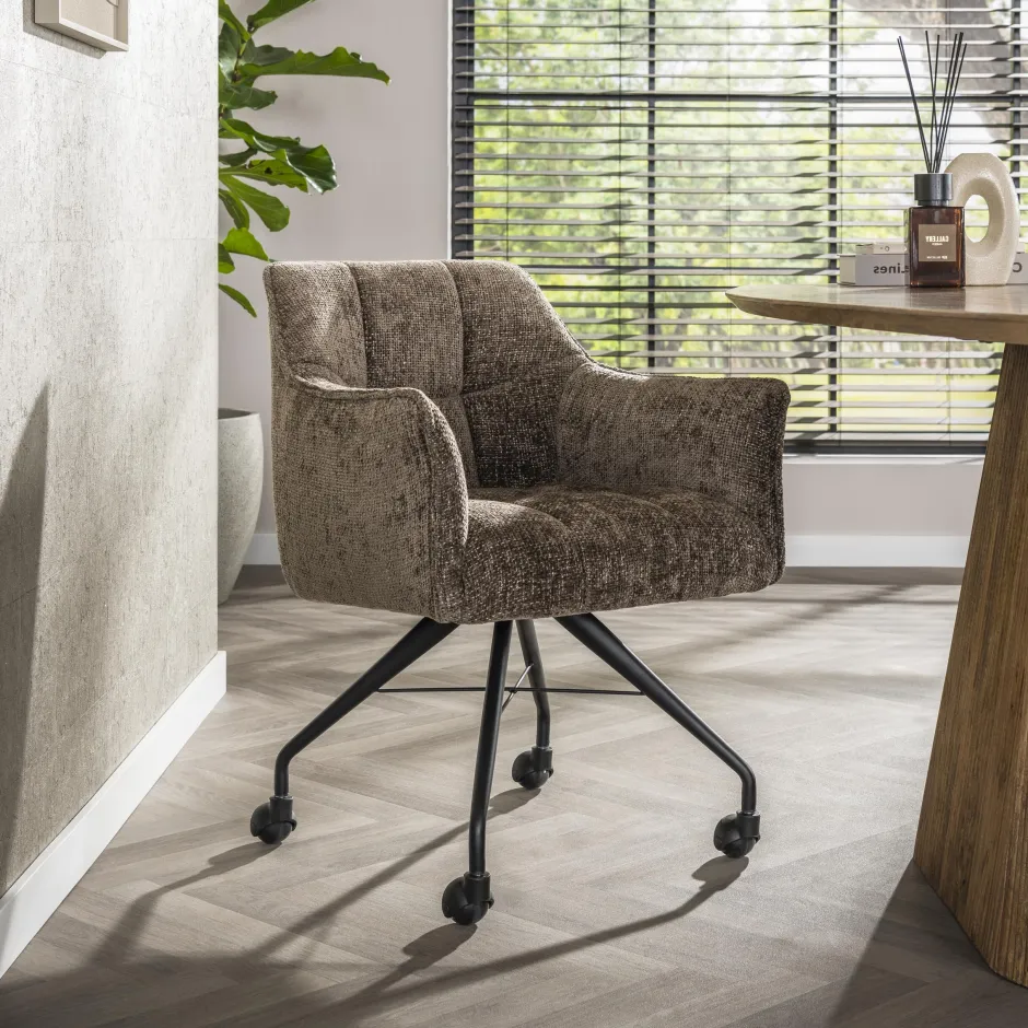 LifestyleFurn Eetkamerstoel op wielen Thandie Hoven stof en zwart onderstel* Eetkamerstoelen Met Armleuning
