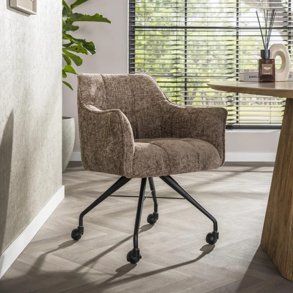 LifestyleFurn Eetkamerstoel op wielen Thandie Hoven stof en zwart onderstel* Eetkamerstoelen Met Armleuning