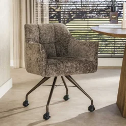 LifestyleFurn Eetkamerstoel op wielen Thandie Hoven stof en bruin onderstel* Eetkamerstoelen Met Armleuning