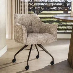 LifestyleFurn Eetkamerstoel op wielen Thandie Hoven stof en bruin onderstel* Eetkamerstoelen Met Armleuning