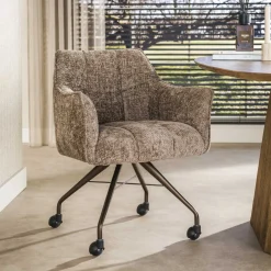 LifestyleFurn Eetkamerstoel op wielen Thandie Hoven stof en bruin onderstel* Eetkamerstoelen Met Armleuning