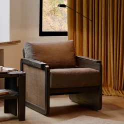Ethnicraft Fauteuil Panel Gevernist Teakhout, rotan en stof, kleur Grey Linen* Fauteuil Stof / Textiel
