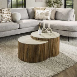 LifestyleFurn Halfronde Salontafel Beckie Mangohout en Keramiek in Travertin-look, Set van 2 stuks* Salontafel Set|Travertin Salontafel