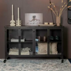 ZILT Industrieel Dressoir Bony Op wieltjes, Metaaal en glas, 120cm, kleur zwart* Dressoirs
