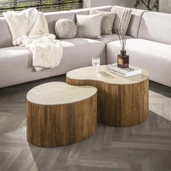 LifestyleFurn Niervormige Salontafel Beckie Mangohout en Keramiek in Travertin-look, Set van 2 stuks* Salontafel Set|Travertin Salontafel