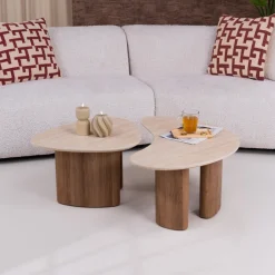 LifestyleFurn Organische Salontafel Laycie Keramiek in Travertin-look, Set van 2 stuks* Sohome Giftcard|Salontafel Set