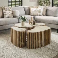 LifestyleFurn Organische Salontafel Beckie Mangohout en Keramiek in Travertin-look, Set van 3 stuks* Salontafel Set|Travertin Salontafel