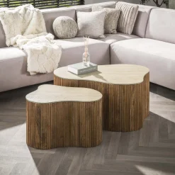 LifestyleFurn Organische Salontafel Beckie Mangohout en Keramiek in Travertin-look, Set van 2 stuks* Salontafel Set|Travertin Salontafel