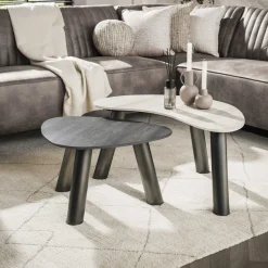 LifestyleFurn Organische Salontafel Dallen Keramiek met travertinlook, Set van 2 stuks* Travertin Salontafel|Organische Salontafel