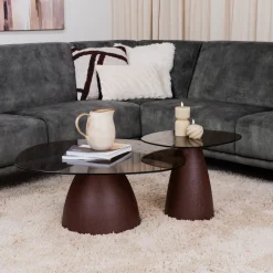Sohome Organische Salontafel Jacky Glas en gecoat staal, Set van 2 stuks, kleur Burgundy* Organische Salontafel