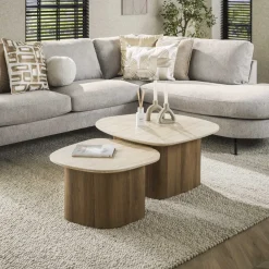 LifestyleFurn Organische Salontafel Laycie Keramiek in Travertinlook, Set van 2 stuks* Salontafel Set|Travertin Salontafel