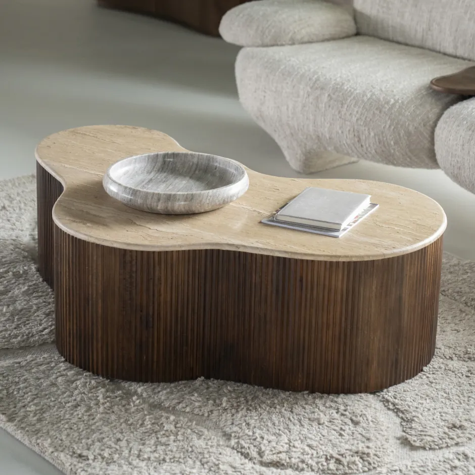 Eleonora Organische Salontafel Mari Mangohout en Travertin, 129 x 84cm* Travertin Salontafel|Organische Salontafel