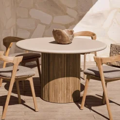Ethnicraft Ronde Eettafel Roller Max Beton en teakhout, 125cm* Eettafels Voor In Je Tuin|Uitschuifbare Eettafel