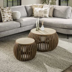 LifestyleFurn Ronde Salontafel Beckie Mangohout en travertinlook, Set van 2 stuks* Salontafel Set|Travertin Salontafel
