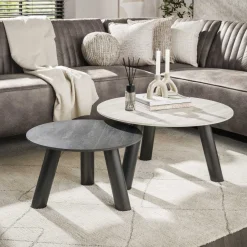 LifestyleFurn Ronde Salontafel Dallen Keramiek met travertinlook, Set van 2 stuks* Salontafel Set|Travertin Salontafel