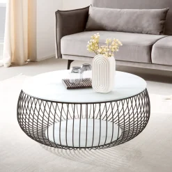 Artistiq Living Ronde Salontafel Johathan Glas 86cm, kleur wit marmerlook* Ronde Salontafel
