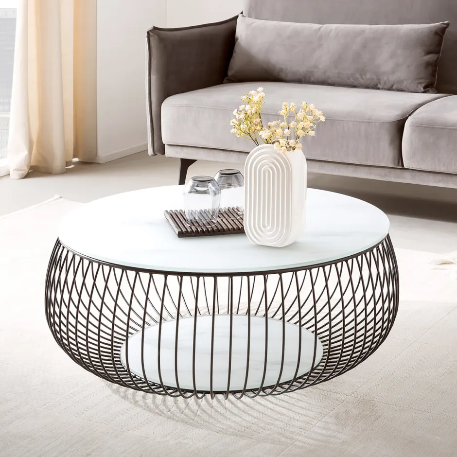 Artistiq Living Ronde Salontafel Johathan Glas 86cm, kleur wit marmerlook* Ronde Salontafel