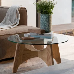 Zuiver Ronde Salontafel Kobe Essenhout en glas, 80cm* Glazen Salontafel|Ronde Salontafel