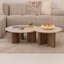 LifestyleFurn Ronde Salontafel Laycie Keramiek in Travertin-look, Set van 2 stuks* Salontafel Set|Travertin Salontafel