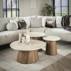 LifestyleFurn Ronde Salontafel Laycie Keramiek in Travertin-look, Set van 3 stuks* Salontafel Set|Travertin Salontafel
