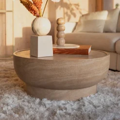 Zuiver Ronde Salontafel Noble Travertinlook, 80cm* Travertin Salontafel|Ronde Salontafel