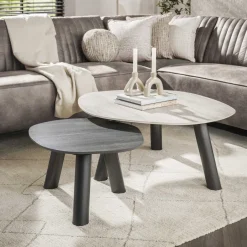 LifestyleFurn Salontafel Dallen Keramiek met travertinlook, Set van 2 stuks* Salontafel Set|Travertin Salontafel