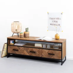 Livingfurn TV-meubel Accent Visgraat Teak en staal* Tv-Meubel Hout