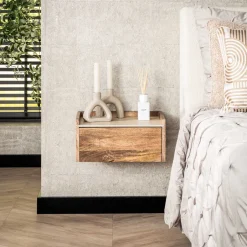 LifestyleFurn Zwevend Nachtkastje Beckie Mangohout en travertinlook, Met 1 lade* Nachtkastjes|Nachtkastjes